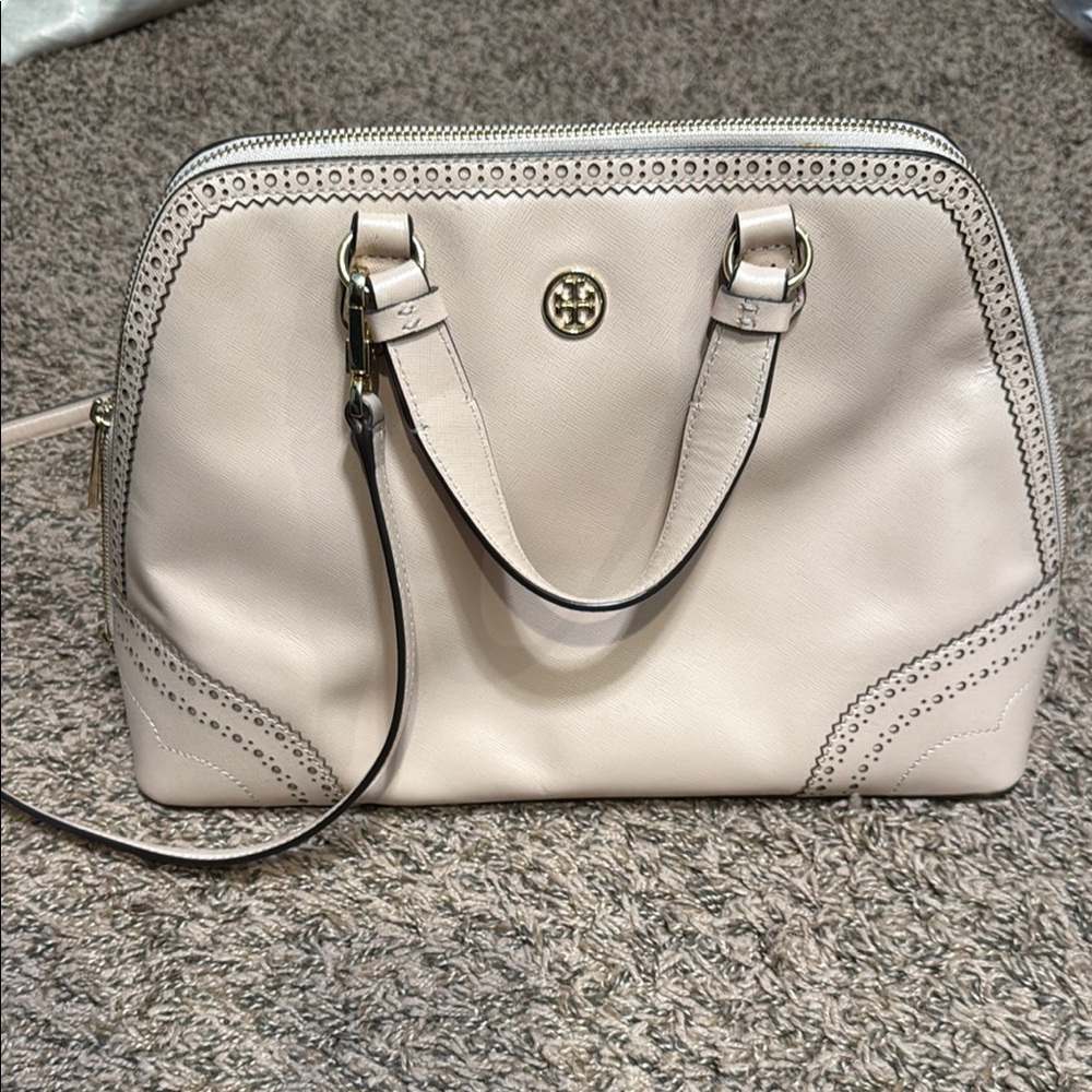 Tory Burch Cream Satchel with Perforated Trim